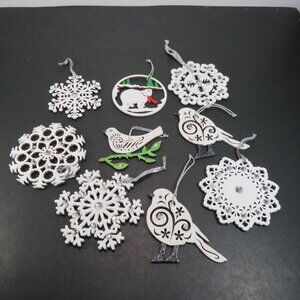 White Wooden Christmas Ornaments Winter Snowflakes, Polar Bear, Birds
